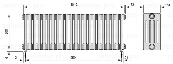 Схема (чертеж) Радиатор Zehnder Charleston 5050/22 №3570 Белый глянцевый RAL 9016
